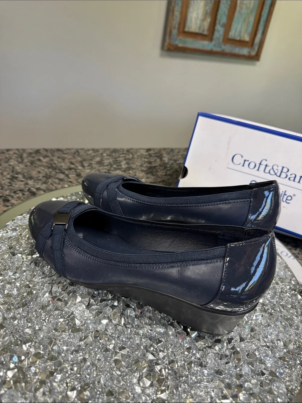 croft & barrow ortholite Navy Patent Wedge with cross cross AccentNEW 9